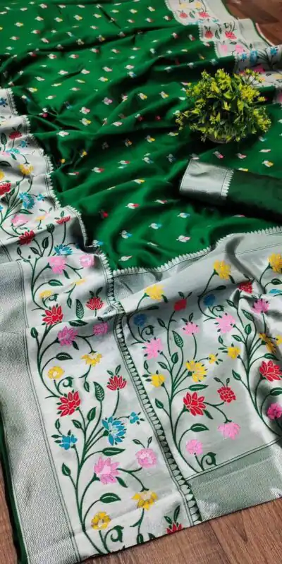 Alternative view of Superb Green Lichi Silk Lace Border Work Saree