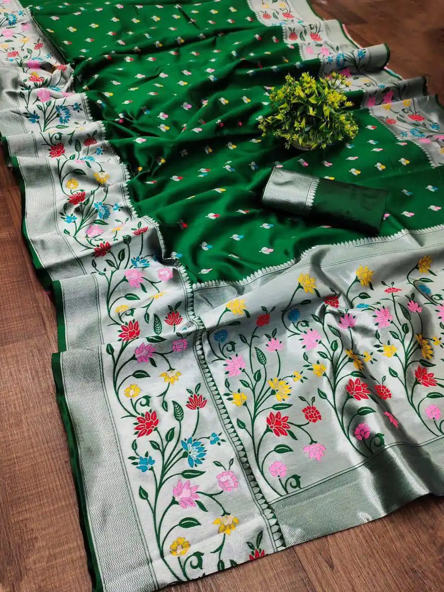Superb Green Lichi Silk Lace Border Work Saree - Image 2