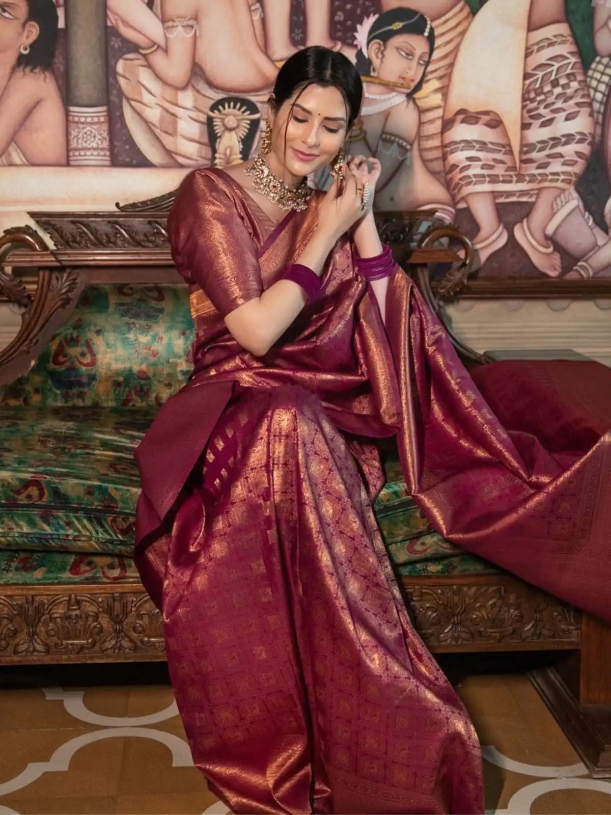 Superb Maroon Lichi Silk Jacquard Border Work Saree - Image 2