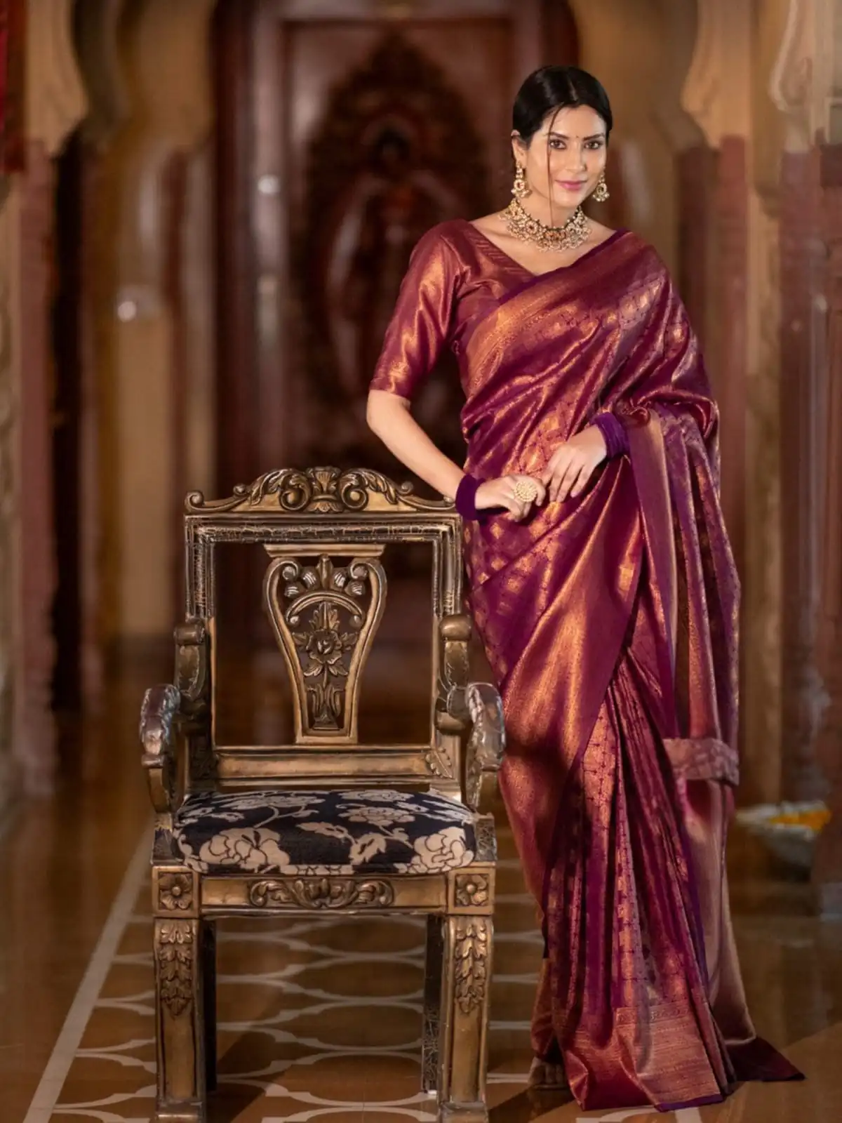 Superb Maroon Lichi Silk Jacquard Border Work Saree