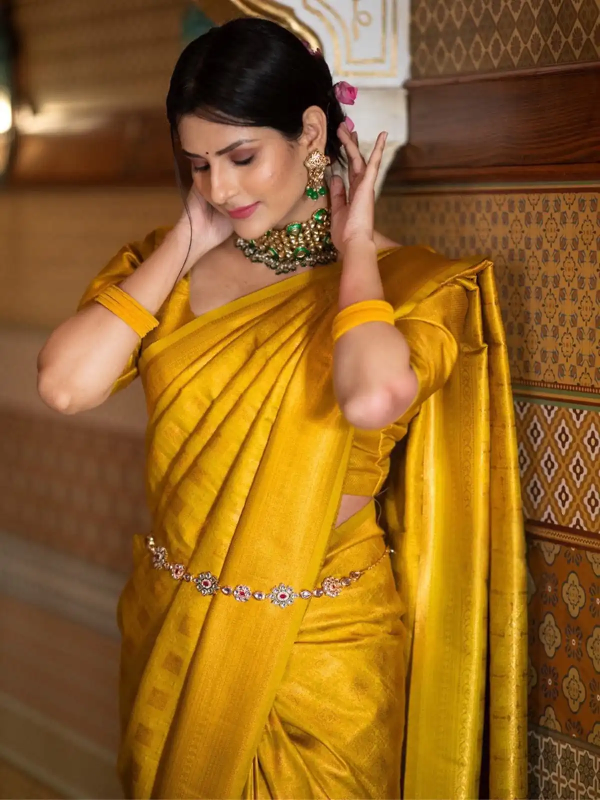 Superb Mustered Lichi Silk Jacquard Border Work Saree - Image 2
