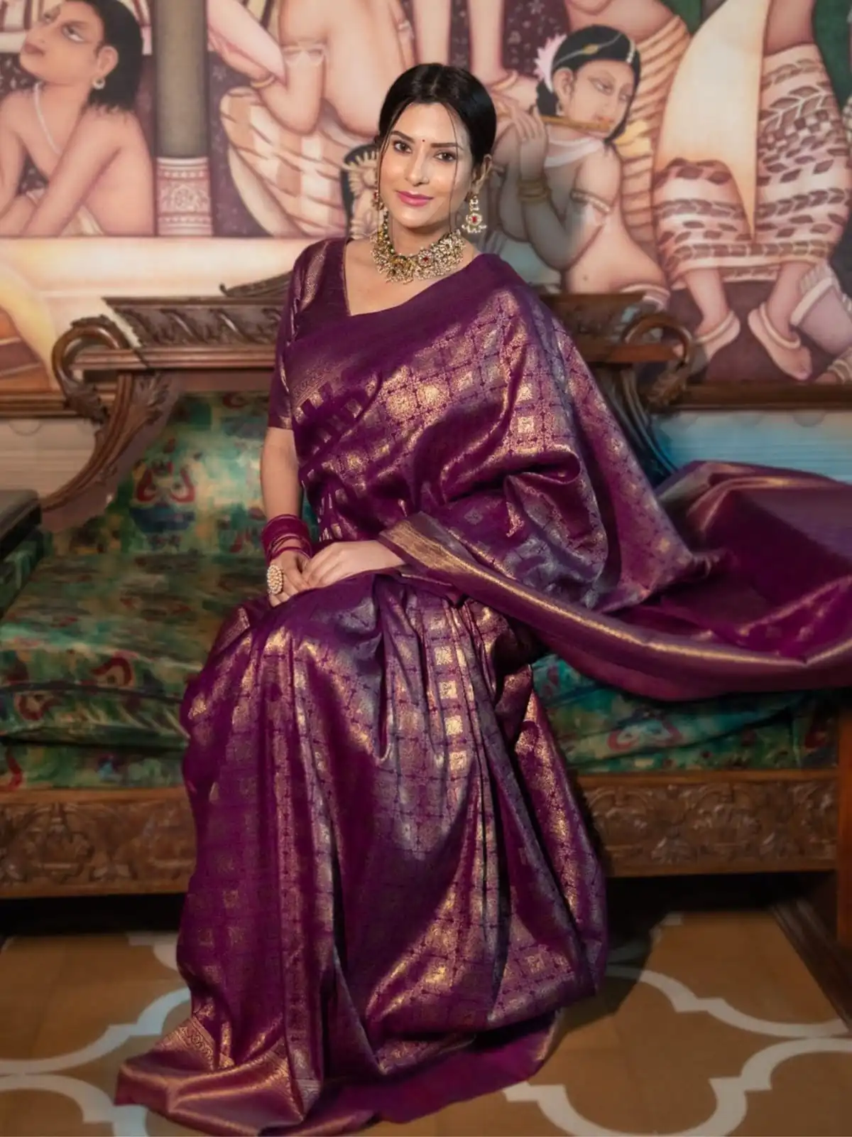 Superb Wine Lichi Silk Jacquard Border Work Saree - Image 2