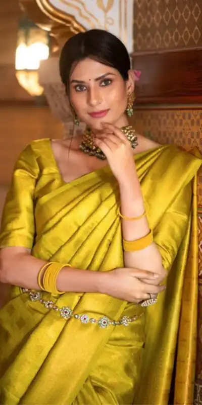 Alternative view of Superb Yellow Lichi Silk Jacquard Border Work Saree