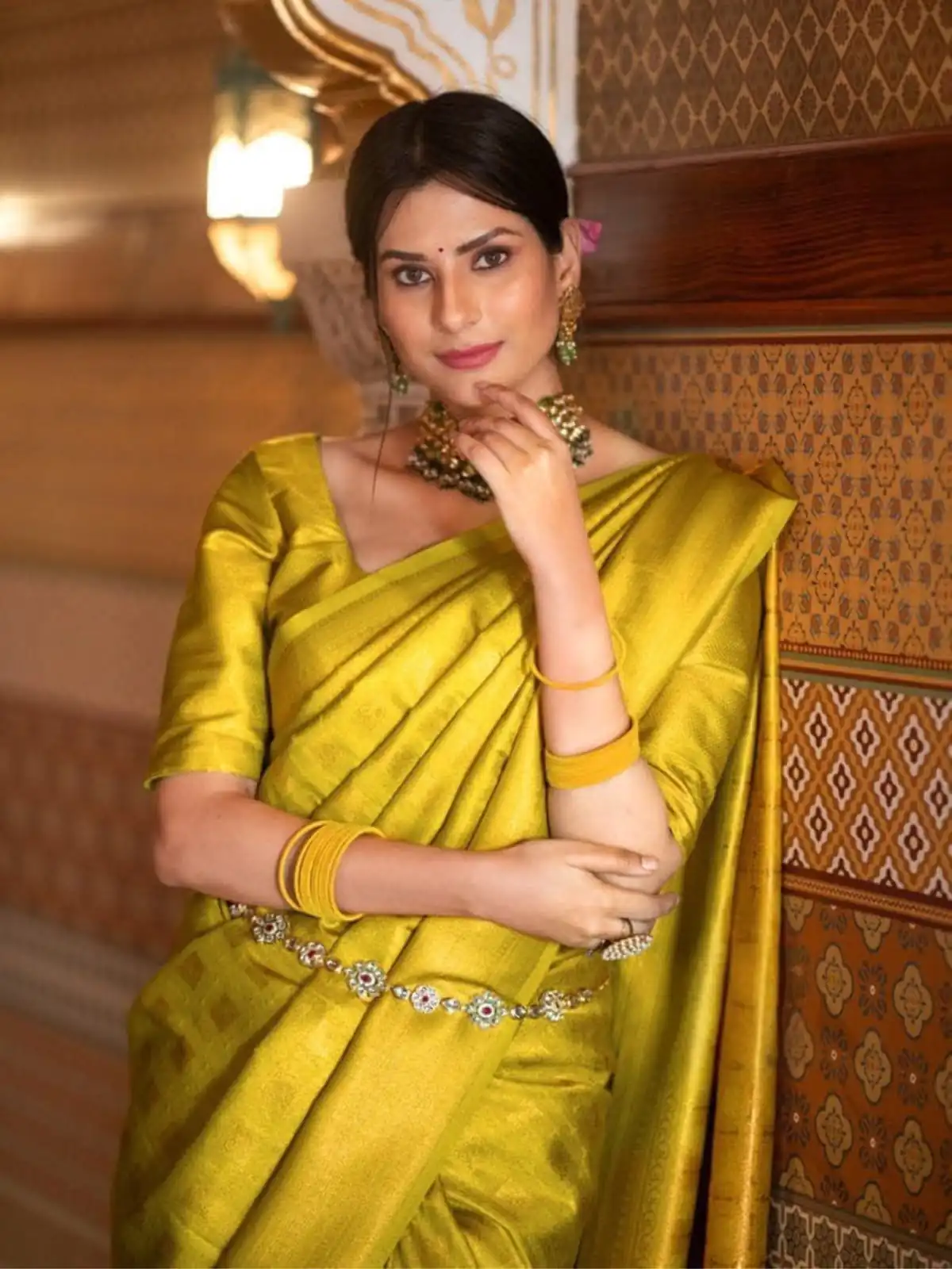 Superb Yellow Lichi Silk Jacquard Border Work Saree - Image 2