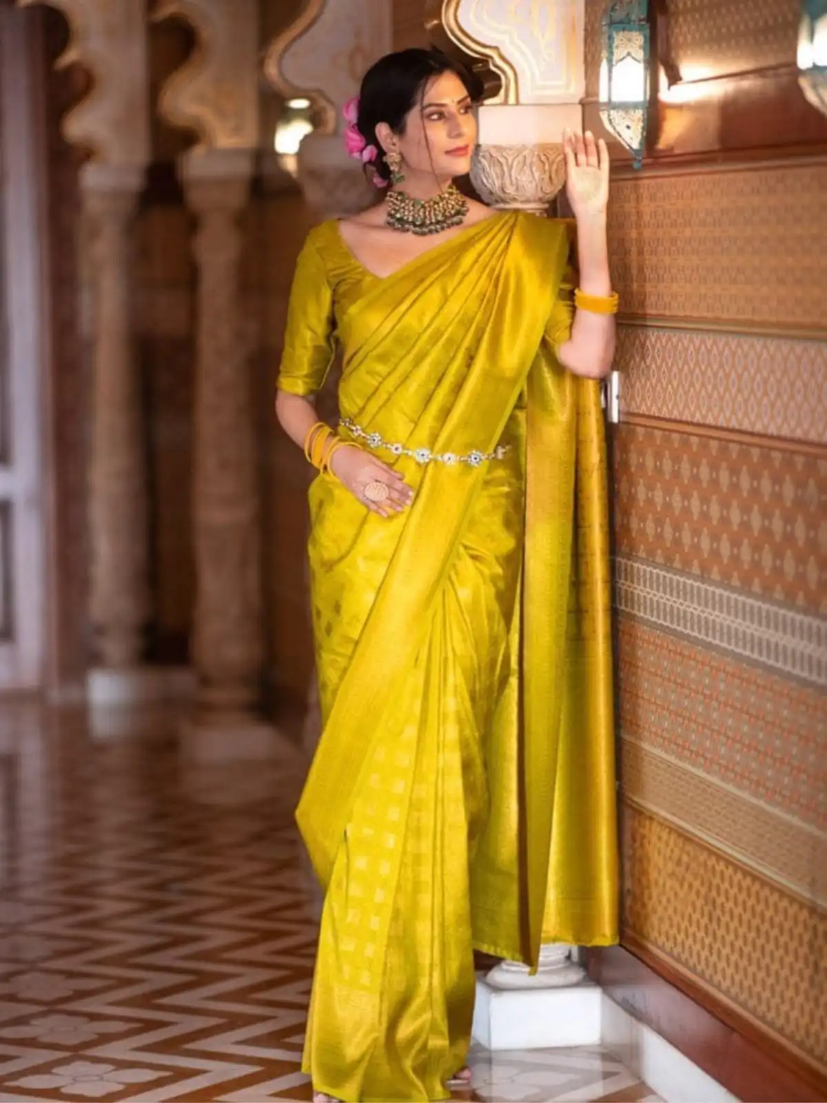 Superb Yellow Lichi Silk Jacquard Border Work Saree