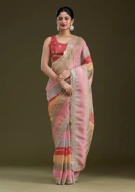 Trendy Multi Goldy Silk Zari Embroidery Work Saree - Image 3
