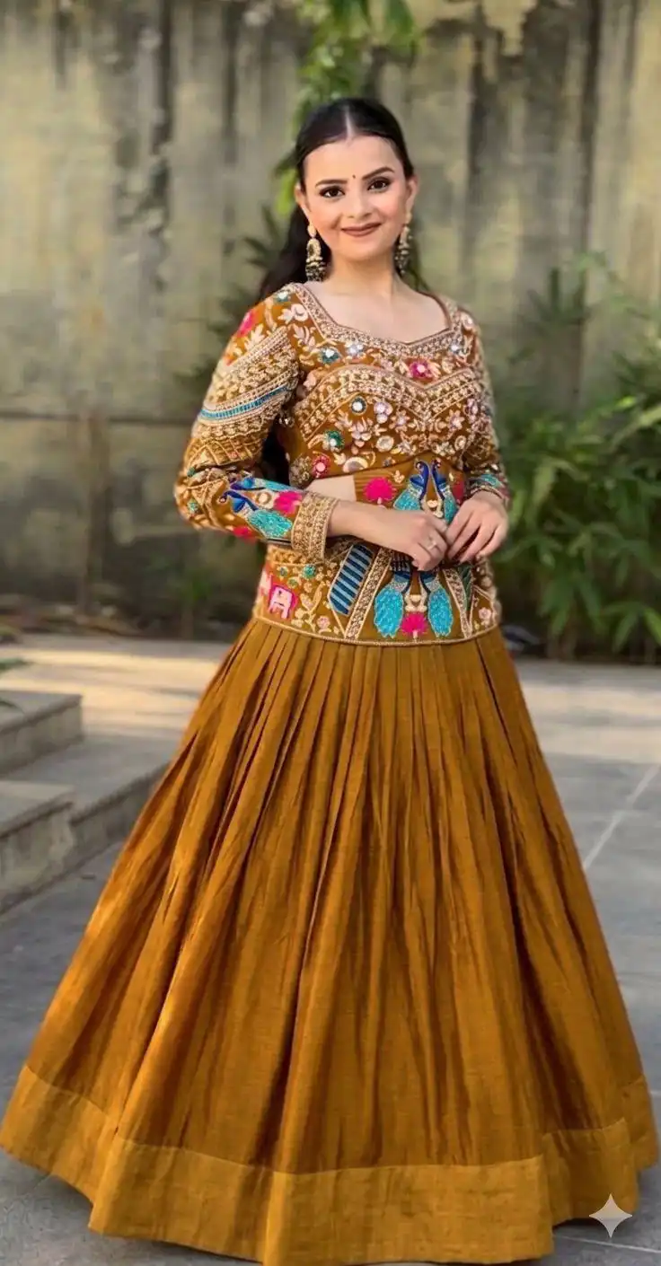 Trendy Mustered Chinon Silk Sequins Work Lehenga Choli