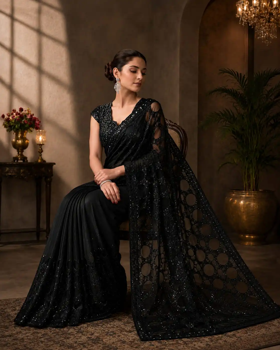 Unique Black Butterfly Net Sequence Work Saree - Image 2