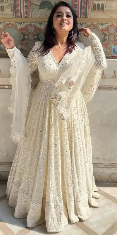 ZB 5029 White Fox Georgette Gown Perfect for Wedding, Party, Makar Sankranti, Festival Celebrations, Engagement –. Grab it for ₹2549. Delivery 4-6 Worki | Gowns, Bollywood Gowns, Creative Gowns, Designer Gowns, Embroidered Gowns, Party Wear Gowns