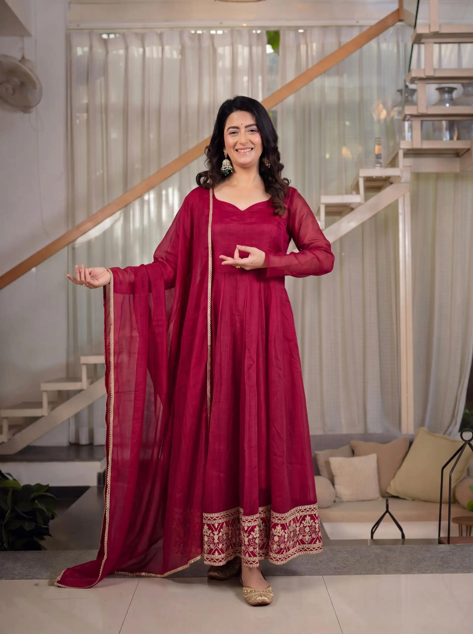 ND 5069 Red | Red Crunchy Silk Salwar Suit with Embroidery Work & Sequins Work. Festive Deal ₹2149. Delivery 4-6 Working Days. Shop now. | Anarkali Suits, Bollywood Anarkali, Creative-Anarkali, Designer Anarkali, Embroidered Anarkali, Party Wear Anarkali