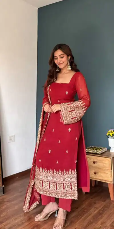 KD 1548 Red | Red Faux Georgette Salwar Suit with Lace Work & Lace Border. Festive Deal βΉ2049. Delivery 4-6 Working Days. Shop now. | Jump Suits, Salwar suit, Casual Suits, Creative suits, Designer Suits, Palazzo Suits, Party Wear Suits, Patiala Suits, Straight Suits