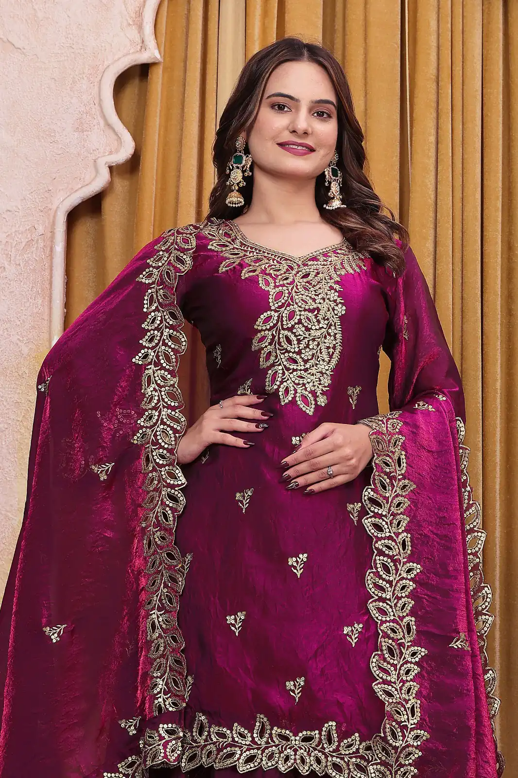 FE  141 Wine Fendy Silk Salwar Suit with Mirror Work & Embroidery Work. Best Price ₹2449. Delivery 4-6 Working Days. Shop now. | Jump Suits, Salwar suit, Casual Suits, Creative suits, Designer Suits, Palazzo Suits, Party Wear Suits, Patiala Suits, Straight Suits
