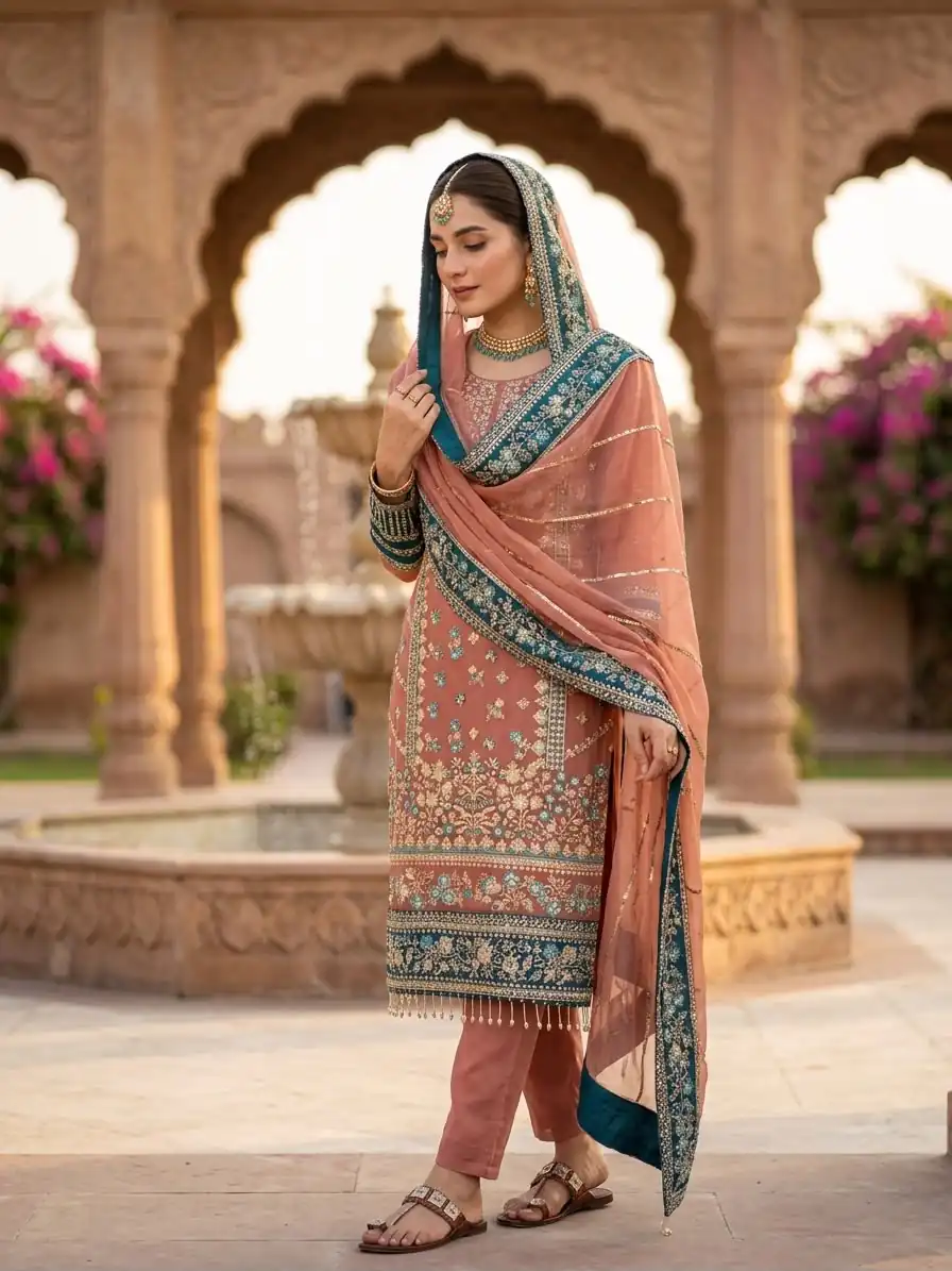 ZSR 3175 Peach Fox Georgette Salwar Suit with Embroidery Work & Sequins Work. Grab it for ₹2399. Delivery 4-6 Working Days. Shop now. | Jump Suits, Salwar suit, Casual Suits, Creative suits, Designer Suits, Palazzo Suits, Party Wear Suits, Patiala Suits, Straight Suits