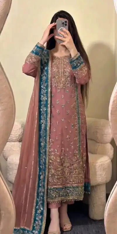 ZSR 3175 Peach Fox Georgette Salwar Suit with Embroidery Work & Sequins Work. Grab it for ₹2399. Delivery 4-6 Working Days. Shop now. | Jump Suits, Salwar suit, Casual Suits, Creative suits, Designer Suits, Palazzo Suits, Party Wear Suits, Patiala Suits, Straight Suits