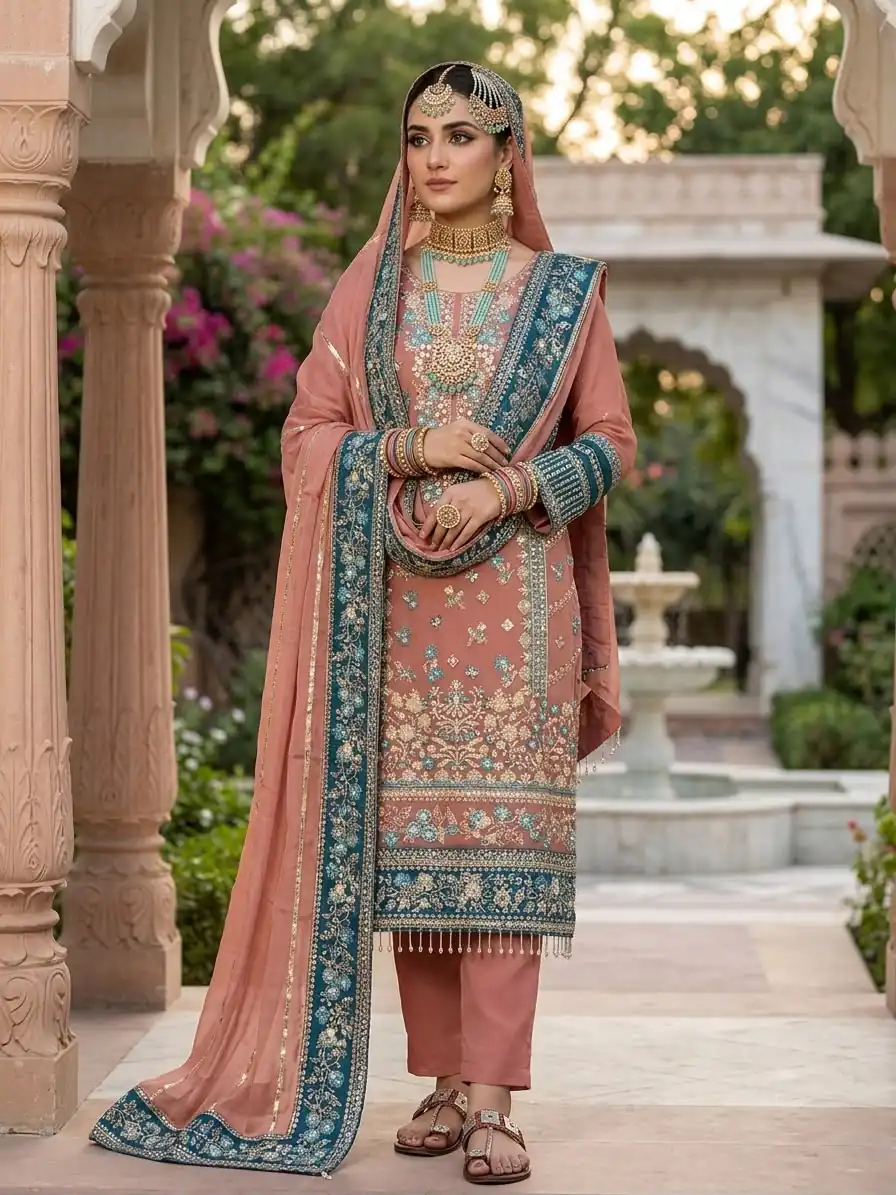 ZSR 3175 Peach Fox Georgette Salwar Suit with Embroidery Work & Sequins Work. Grab it for ₹2399. Delivery 4-6 Working Days. Shop now. | Jump Suits, Salwar suit, Casual Suits, Creative suits, Designer Suits, Palazzo Suits, Party Wear Suits, Patiala Suits, Straight Suits