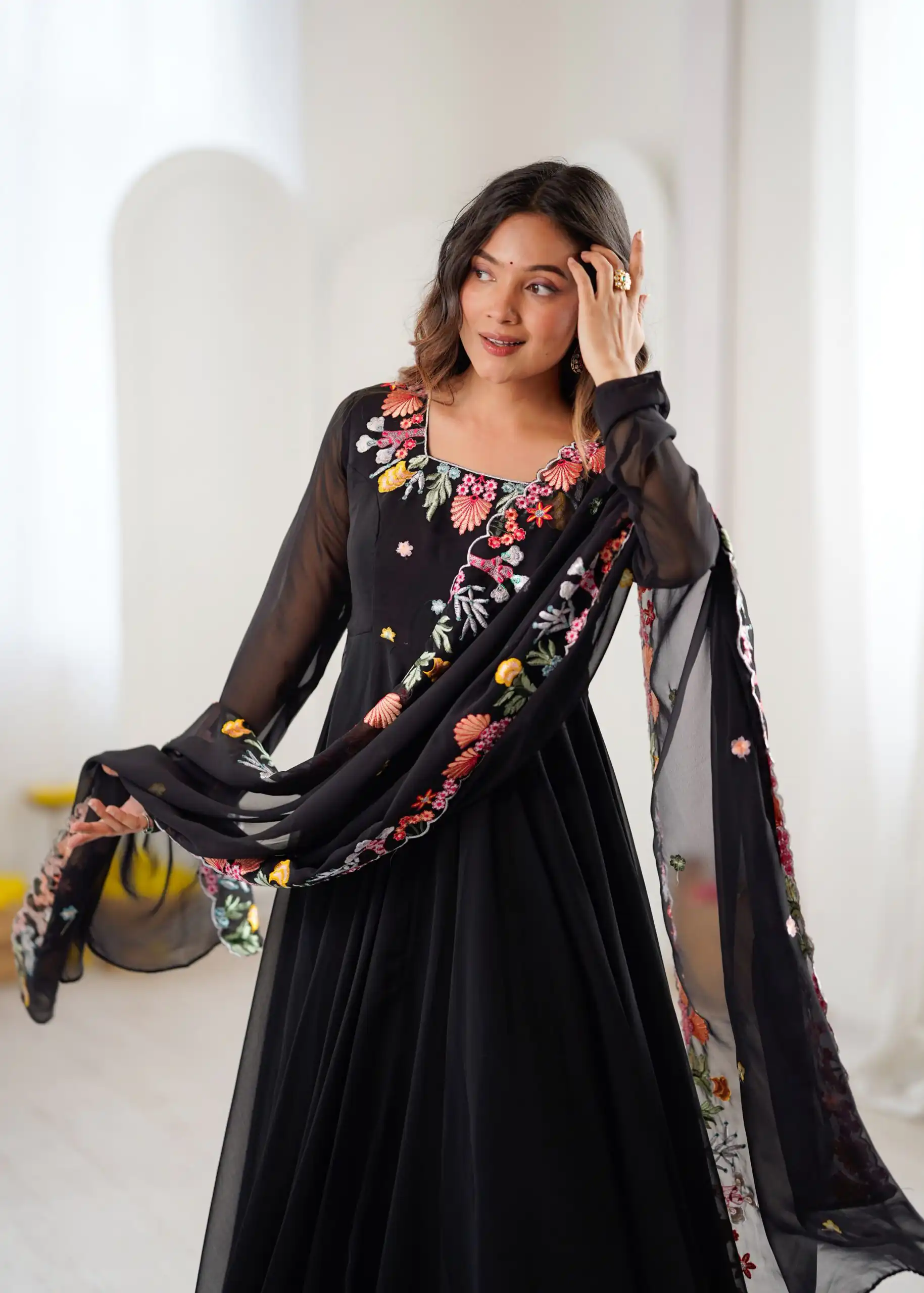 NSR 901 Black Faux Georgette Salwar Suit with Lace Work & Embroidery Work. Introductory Price ₹2099. Delivery 4-6 Working Days. Shop now. | Jump Suits, Salwar suit, Casual Suits, Creative suits, Designer Suits, Palazzo Suits, Party Wear Suits, Patiala Suits, Straight Suits