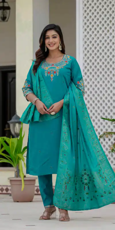 DIVA 125 | Firozi Roman Silk Salwar Suit with Sequins Work & Embroidery Work. Available at βΉ1799 only. Delivery 4-6 Working Days. Shop now. | Jump Suits, Salwar suit, Casual Suits, Creative suits, Designer Suits, Palazzo Suits, Party Wear Suits, Patiala Suits, Straight Suits