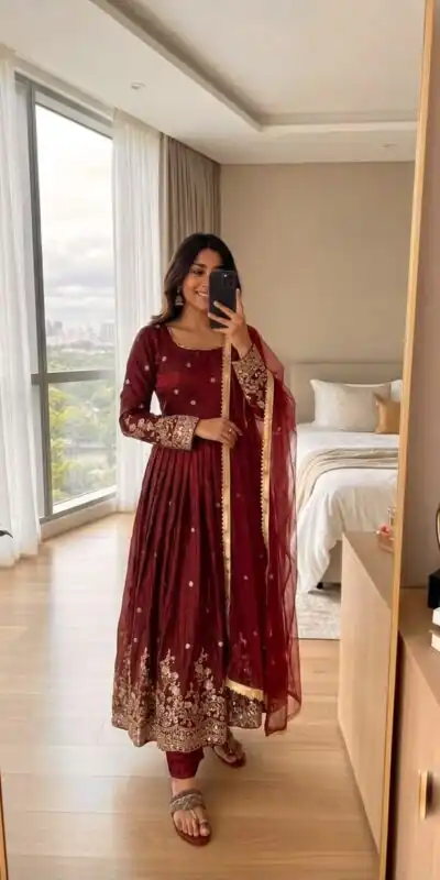 JF 051 Maroon | Maroon Fendy Silk Gown with Embroidery Work & Sequins Work. Special Price βΉ2399. Delivery 4-6 Working Days. Shop now. | Gowns, Bollywood Gowns, Creative Gowns, Designer Gowns, Embroidered Gowns, Party Wear Gowns