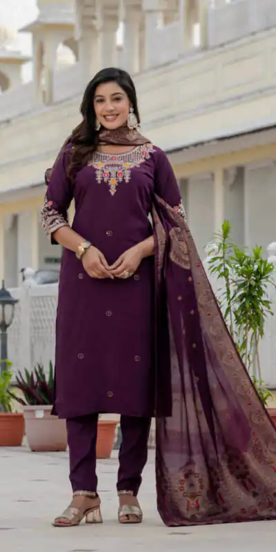 DIVA 125 | Wine Roman Silk Salwar Suit with Sequins Work & Embroidery Work. Available at βΉ1799 only. Delivery 4-6 Working Days. Shop now. | Jump Suits, Salwar suit, Casual Suits, Creative suits, Designer Suits, Palazzo Suits, Party Wear Suits, Patiala Suits, Straight Suits