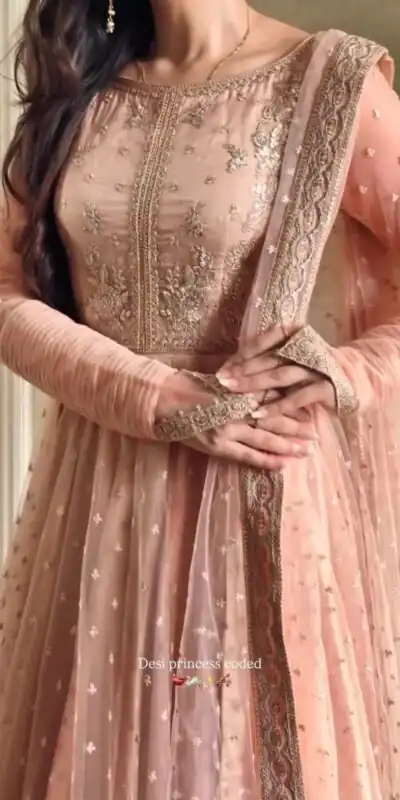 RTC 5991 Peach | Peach Faux Georgette Gown with Sequins Work. Festive Deal βΉ2599. Delivery 4-6 Working Days. Online Shop now. | Gowns, Bollywood Gowns, Creative Gowns, Designer Gowns, Embroidered Gowns, Party Wear Gowns