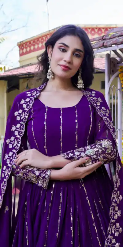 Ram 170 | Purple Fox Georgette Gown with Embroidery Work & Sequins Work. Available at βΉ2149 only. Delivery 4-6 Working Days. Shop now. | Gowns, Bollywood Gowns, Creative Gowns, Designer Gowns, Embroidered Gowns, Party Wear Gowns