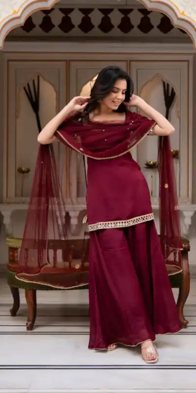 ST 1197 Maroon | Faux Georgette Salwar Suit with Mirror Work & Embroidery Work. Get it for βΉ1849. Delivery 4-6 Working Days. Shop now. | Jump Suits, Salwar suit, Casual Suits, Creative suits, Designer Suits, Palazzo Suits, Party Wear Suits, Patiala Suits, Straight Suits