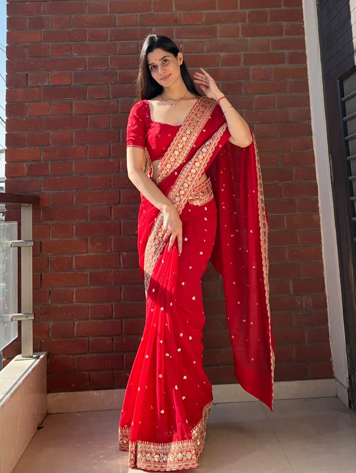 NC 5544 Red Color Georgette Saree with Embroidery Work & Lace Work. Special Price ₹1949. Delivery 4-6 Working Days. Shop now. | Sarees, Bollywood Sarees, Creative Sarees, Designer Sarees, Embroidered Sarees, Ethnic Saree, Modern Digital sarees, Party Wear Sarees