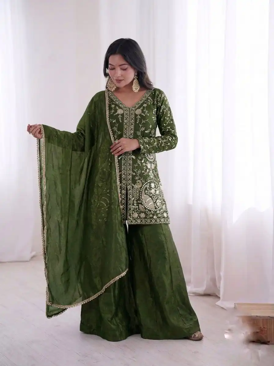 JF 043 Green Pure Fendy Silk Salwar Suitwith Embroidery Work & Sequins Work. Exclusive Offer ₹1940. Delivery 4-6 Working Days. Shop now. | Jump Suits, Salwar suit, Casual Suits, Creative suits, Designer Suits, Palazzo Suits, Party Wear Suits, Patiala Suits, Straight Suits