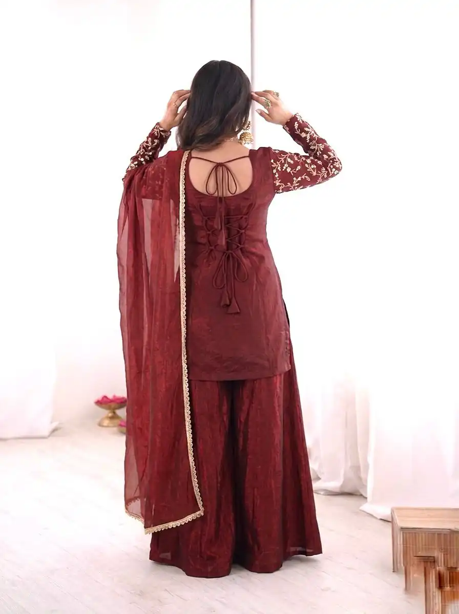 JF 043 Rust Pure Fendy Silk Salwar Suitwith Embroidery Work & Sequins Work. Exclusive Offer ₹1940. Delivery 4-6 Working Days. Shop now. | Jump Suits, Salwar suit, Casual Suits, Creative suits, Designer Suits, Palazzo Suits, Party Wear Suits, Patiala Suits, Straight Suits