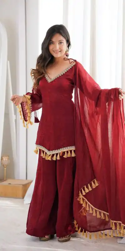 Alternative view of Pretty Maroon Doremon Crush Mirror Work Salwar Suit