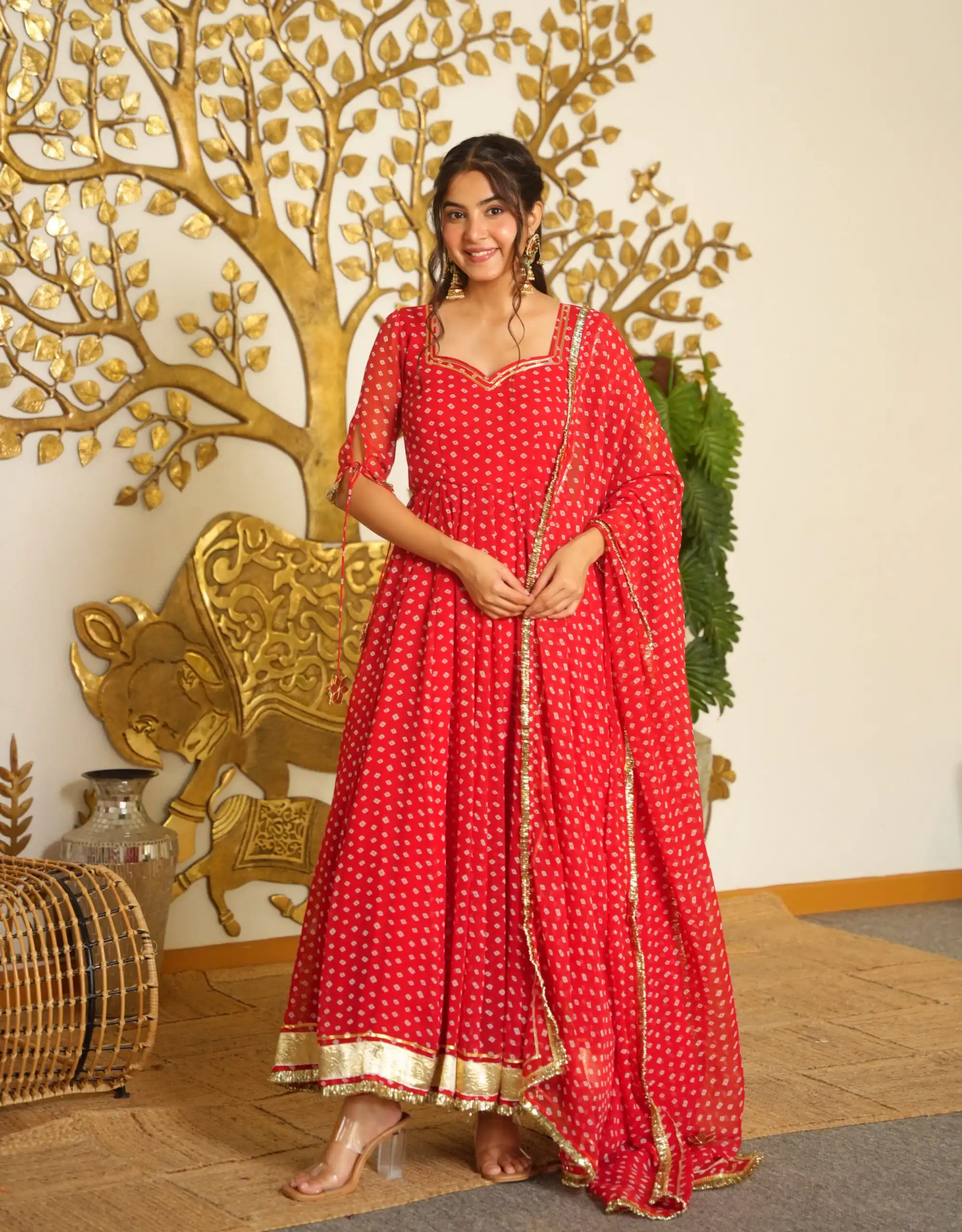AD 239 Red in Colour Faux Georgette Bandhani Print Work Gown. Available at ₹1999 only. Delivery 4-6 Working Days. Shop now. | Gowns, Bollywood Gowns, Creative Gowns, Designer Gowns, Embroidered Gowns, Party Wear Gowns