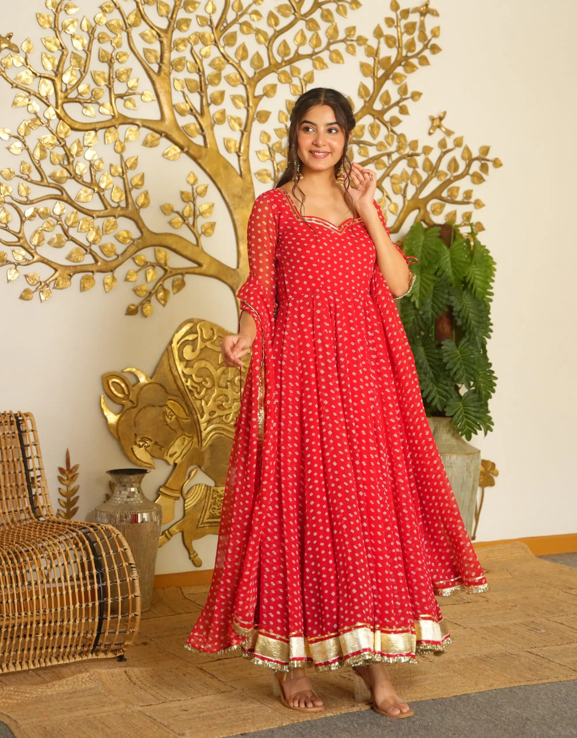 AD 239 Red in Colour Faux Georgette Bandhani Print Work Gown. Available at ₹1999 only. Delivery 4-6 Working Days. Shop now. | Gowns, Bollywood Gowns, Creative Gowns, Designer Gowns, Embroidered Gowns, Party Wear Gowns