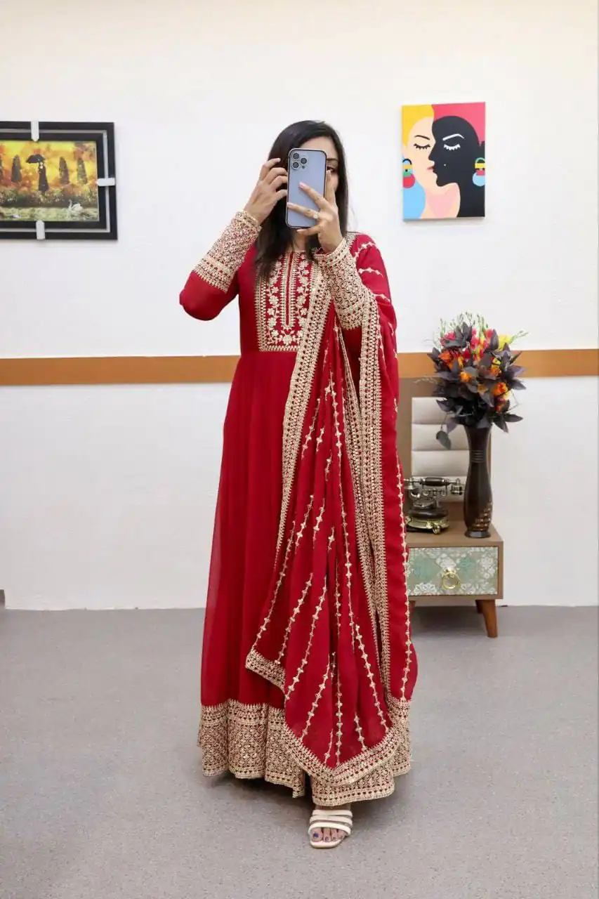 ZC 8957 Red Perfect for Wedding, Party, Lohri, Haldi, Ethnic Day – . Available at ₹999 only. Delivery 4-6 Working Days. Shop now. | Gowns, Bollywood Gowns, Creative Gowns, Designer Gowns, Embroidered Gowns, Party Wear Gowns