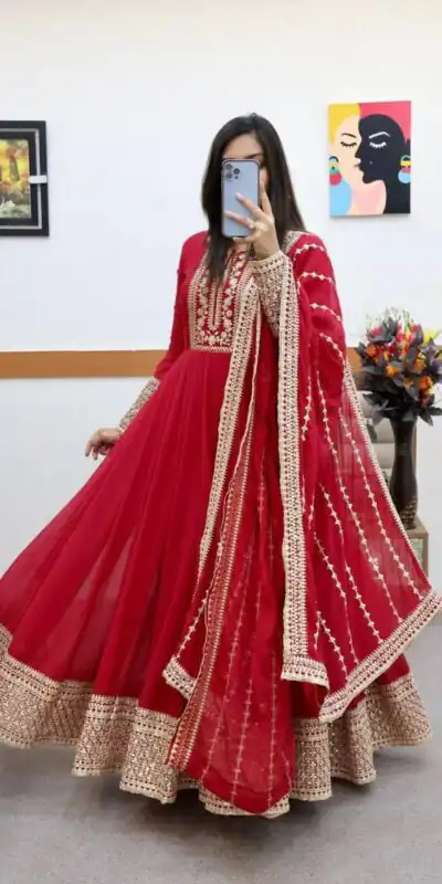 ZC 8957 Red Perfect for Wedding, Party, Lohri, Haldi, Ethnic Day β . Available at βΉ999 only. Delivery 4-6 Working Days. Shop now. | Gowns, Bollywood Gowns, Creative Gowns, Designer Gowns, Embroidered Gowns, Party Wear Gowns