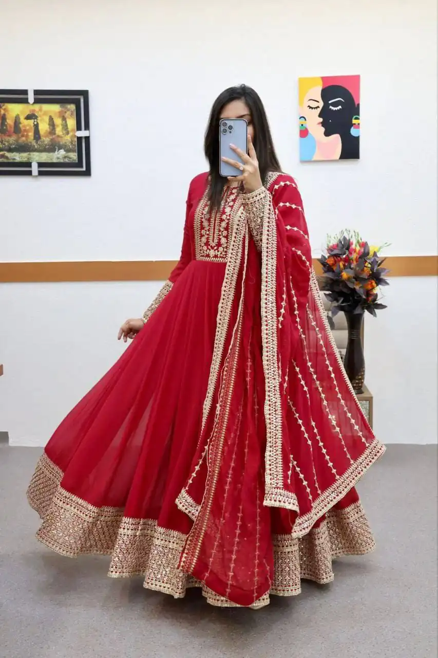 ZC 8957 Red Perfect for Wedding, Party, Lohri, Haldi, Ethnic Day – . Available at ₹999 only. Delivery 4-6 Working Days. Shop now. | Gowns, Bollywood Gowns, Creative Gowns, Designer Gowns, Embroidered Gowns, Party Wear Gowns