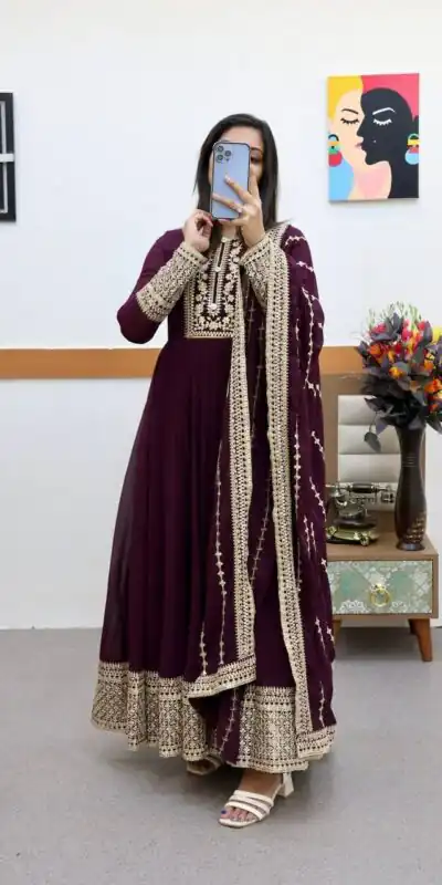 ZC 8957 Wine Perfect for Wedding, Party, Lohri, Haldi, Ethnic Day – . Available at ₹999 only. Delivery 4-6 Working Days. Shop now. | Gowns, Bollywood Gowns, Creative Gowns, Designer Gowns, Embroidered Gowns, Party Wear Gowns