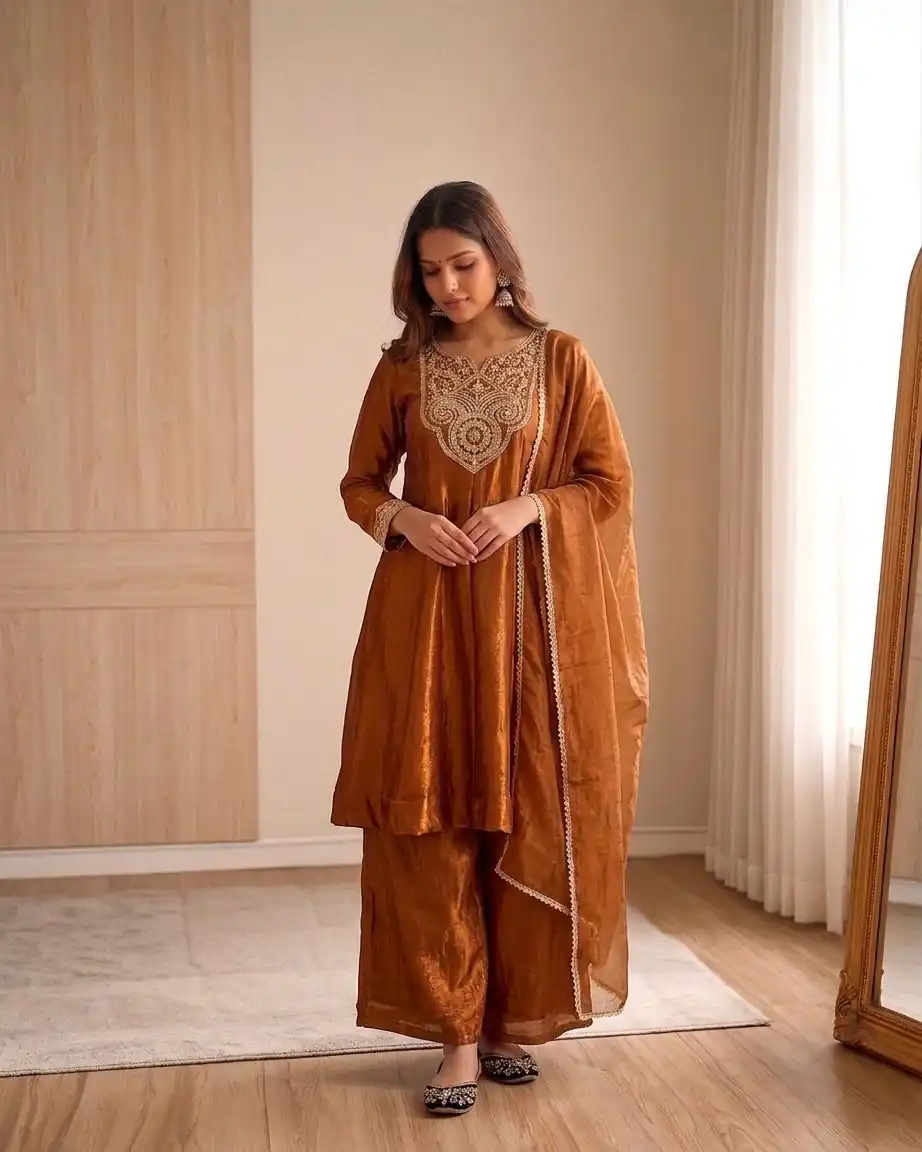 KF 1727 Brown Fandy Silk Salwar Suit Perfect for Wedding, Party, Family Gatherings, Onam, Engagement – . Affordable Price ₹1849. Delivery 4-6 Working Da | Jump Suits, Salwar suit, Casual Suits, Creative suits, Designer Suits, Palazzo Suits, Party Wear Suits, Patiala Suits, Straight Suits