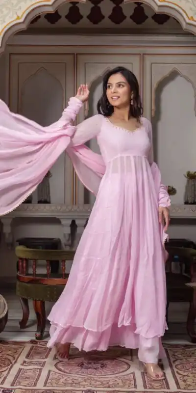 KD 1636 Light Pink | Faux Georgette Salwar Suit with Lace Work & Digital Print. Introductory Price ₹1999. Delivery 4-6 Working Days. Shop now. | Anarkali Suits, Bollywood Anarkali, Creative-Anarkali, Designer Anarkali, Embroidered Anarkali, Party Wear Anarkali, Salwar suit