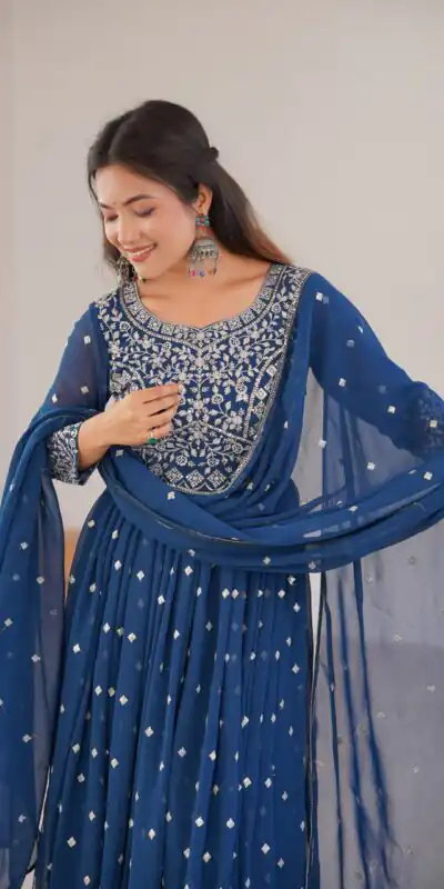 SP 81 Navy Blue| Faux Georgette Salwar Suit with Lace Work & Digital Print. Introductory Price ₹2449. Delivery 4-6 Working Days. Shop now. | Anarkali Suits, Bollywood Anarkali, Creative-Anarkali, Designer Anarkali, Embroidered Anarkali, Party Wear Anarkali, Salwar suit