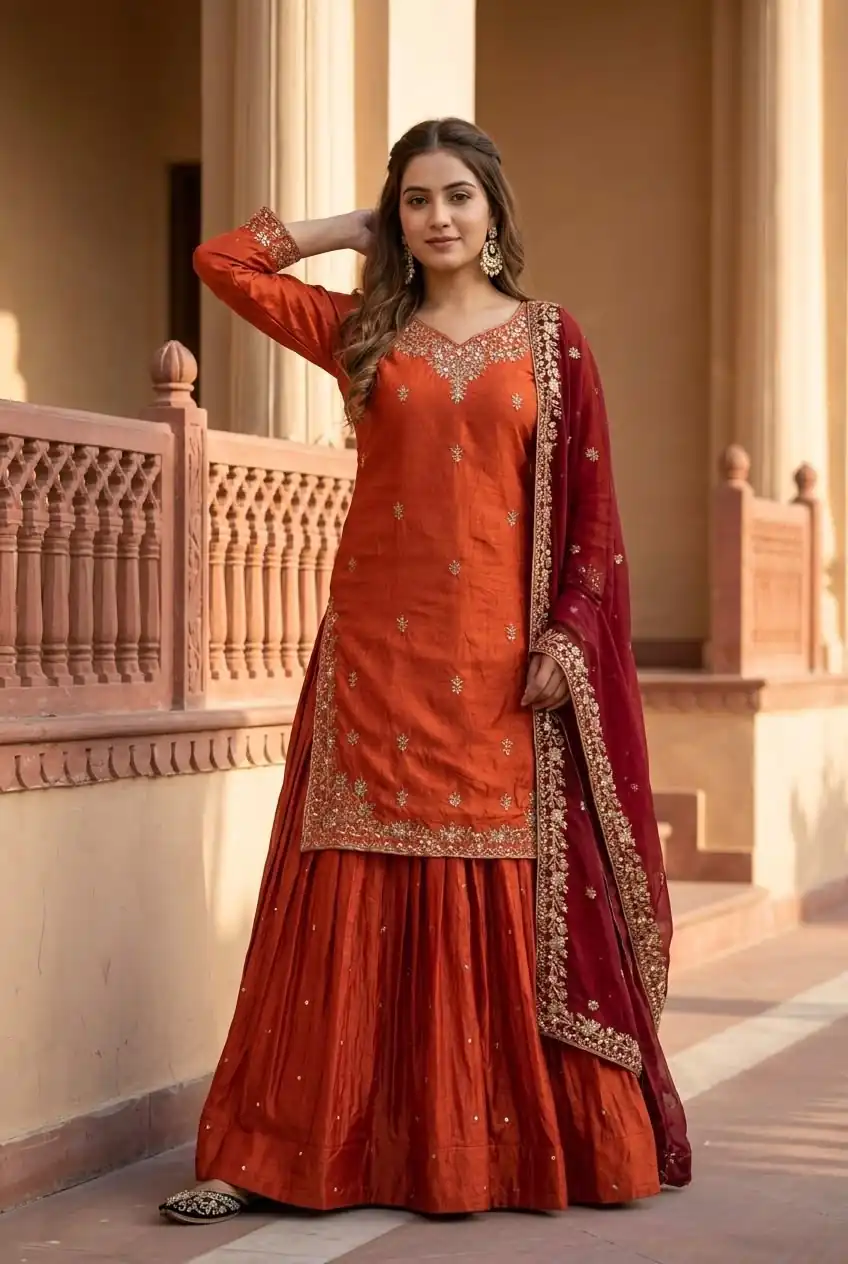 MT 1080 Orange Fandy Silk Lehenga Choli. Perfect for Wedding, Party, Engagement, Reception, Haldi – Available at ₹2399 only. Delivery 4-6 Working Da | Lehenga, Bollywood Lehenga, Creative Lehenga, Designer Lehenga, Embroidered Lehenga, Party Wear Lehenga