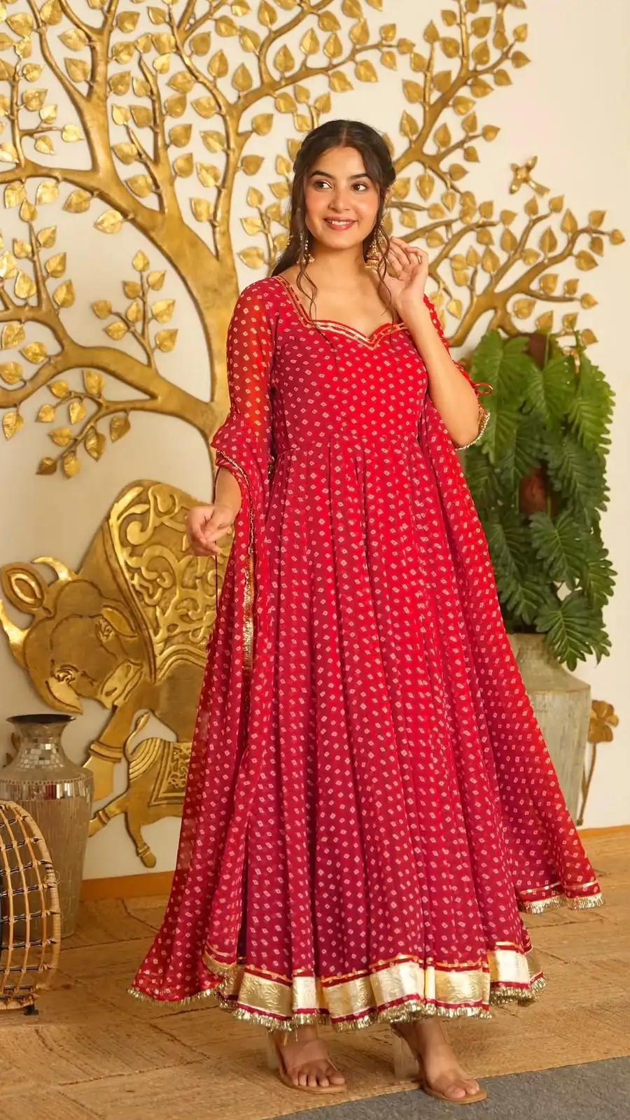 KD 1637 Red in Colour Faux Georgette Bandhani Print Work Gown. Available at ₹1999 only. Delivery 4-6 Working Days. Shop now. | Gowns, Bollywood Gowns, Creative Gowns, Designer Gowns, Embroidered Gowns, Party Wear Gowns