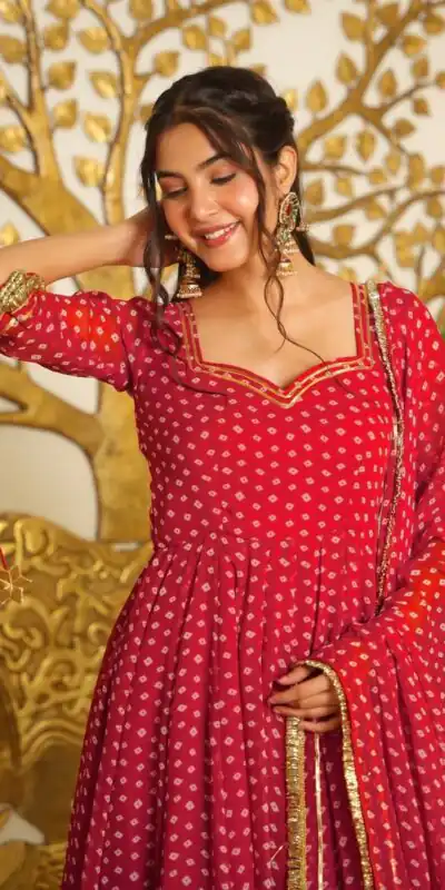 KD 1637 Red in Colour Faux Georgette Bandhani Print Work Gown. Available at ₹1999 only. Delivery 4-6 Working Days. Shop now. | Gowns, Bollywood Gowns, Creative Gowns, Designer Gowns, Embroidered Gowns, Party Wear Gowns