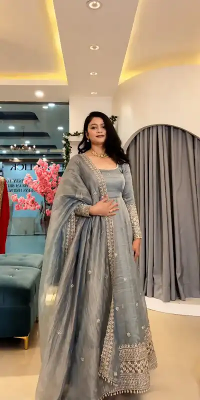 SSR 547 Grey in Crunchy Silk Embroidery Work & Lace Work Gown . Special Price βΉ2399. Delivery 4-6 Working Days. Shop now. | Gowns, Bollywood Gowns, Creative Gowns, Designer Gowns, Embroidered Gowns, Party Wear Gowns