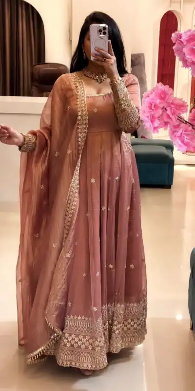 SSR 547 Peach in Crunchy Silk Embroidery Work & Lace Work Gown . Special Price βΉ2399. Delivery 4-6 Working Days. Shop now. | Gowns, Bollywood Gowns, Creative Gowns, Designer Gowns, Embroidered Gowns, Party Wear Gowns