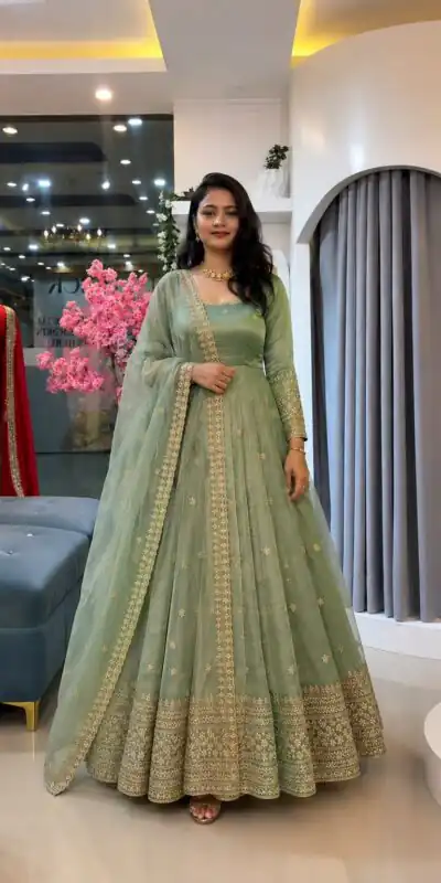 SSR 547 Pista in Crunchy Silk Embroidery Work & Lace Work Gown . Special Price ₹2399. Delivery 4-6 Working Days. Shop now. | Gowns, Bollywood Gowns, Creative Gowns, Designer Gowns, Embroidered Gowns, Party Wear Gowns