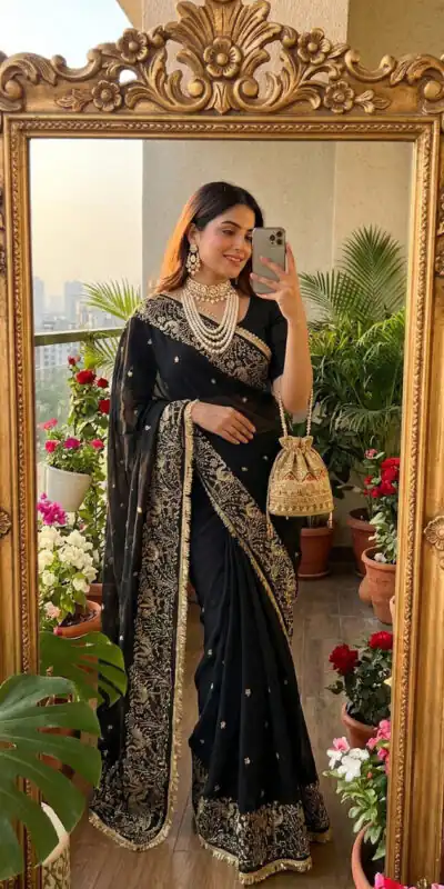BT 446 Black Black Star Georgette Saree with Lace Work & Embroidery Work. Festive Deal ₹1799. Delivery 4-6 Working Days. Shop now. | Sarees, Bollywood Sarees, Creative Sarees, Designer Sarees, Embroidered Sarees, Ethnic Saree, Modern Digital sarees, Party Wear Sarees