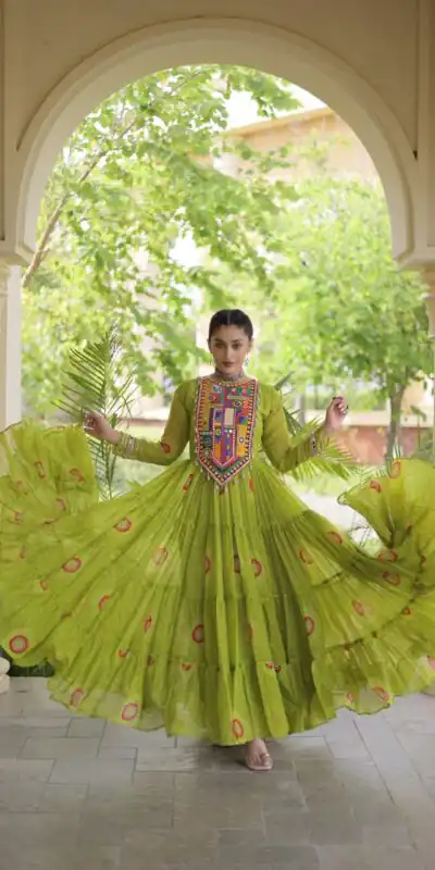 KA 1267 Green in Colour Faux Georgette Bandhani Print Work Gown. Available at ₹1919 only. Delivery 4-6 Working Days. Shop now. | Gowns, Bollywood Gowns, Creative Gowns, Designer Gowns, Embroidered Gowns, Party Wear Gowns