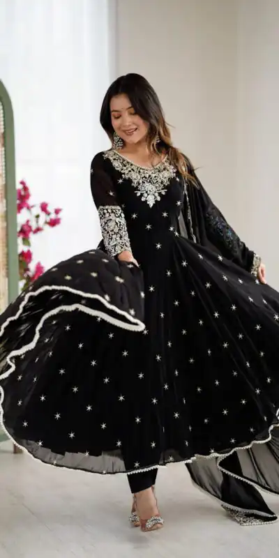 ZF 5012 Black Blooming Faux Gown with Embroidery Work. Wedding, Party, Festive, Events Grab it for ₹2149. Delivery 4-6 Working Days. Shop now. | Anarkali Suits, Bollywood Anarkali, Creative-Anarkali, Designer Anarkali, Embroidered Anarkali, Party Wear Anarkali