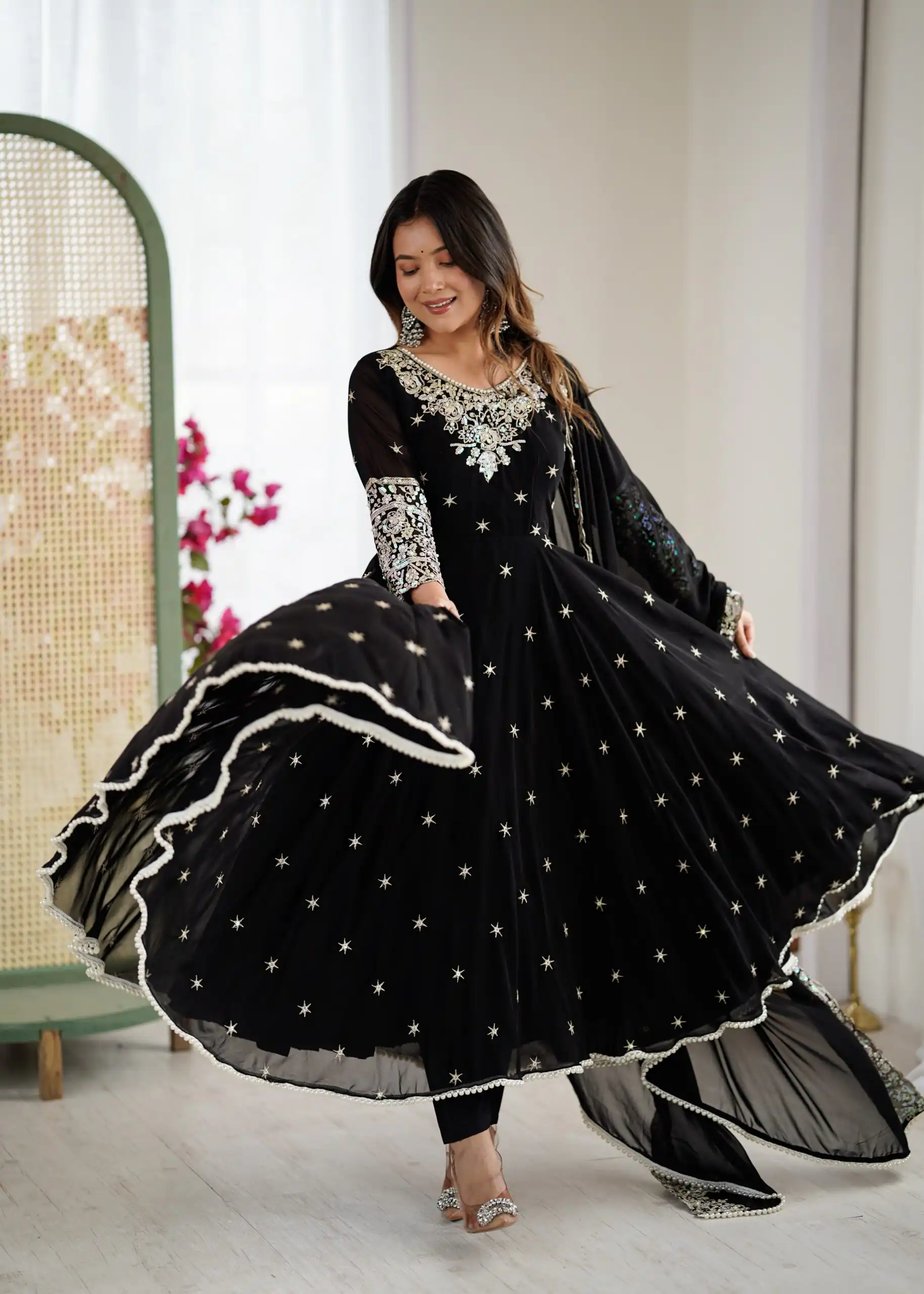 ZF 5012 Black Blooming Faux Gown with Embroidery Work. Wedding, Party, Festive, Events Grab it for ₹2149. Delivery 4-6 Working Days. Shop now. | Anarkali Suits, Bollywood Anarkali, Creative-Anarkali, Designer Anarkali, Embroidered Anarkali, Party Wear Anarkali