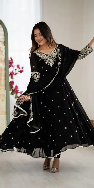 ZF 5012 Black Blooming Faux Gown with Embroidery Work. Wedding, Party, Festive, Events Grab it for ₹2149. Delivery 4-6 Working Days. Shop now. | Anarkali Suits, Bollywood Anarkali, Creative-Anarkali, Designer Anarkali, Embroidered Anarkali, Party Wear Anarkali